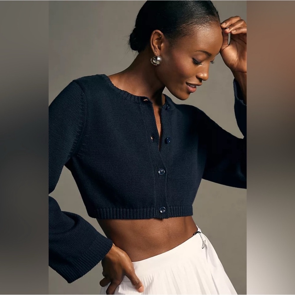 Anthropologie Maeve Navy Blue Cropped Cardigan